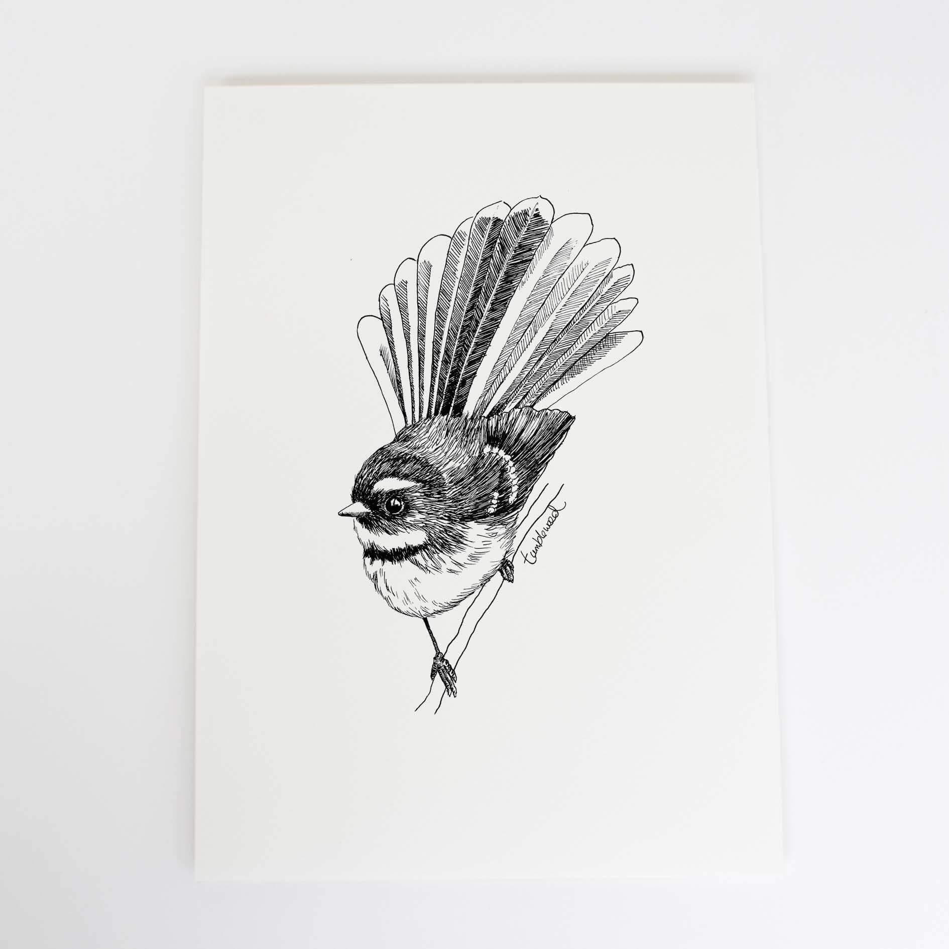 A4 art print of featuring Fantail/Pīwakawaka design on white archival paper.