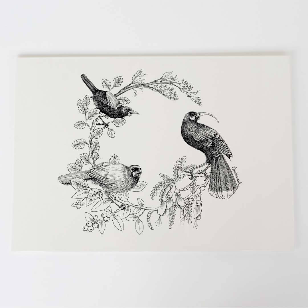 A4 art print of featuring Kōkako huia saddleback/tīeke design on white archival paper.